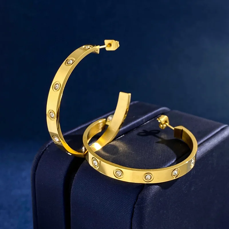 Donia Jewelry Fashion C-Shaped Titanium Steel Micro-Inlaid Ten AAA Zircon Silver Needle Luxury Screw Earrings