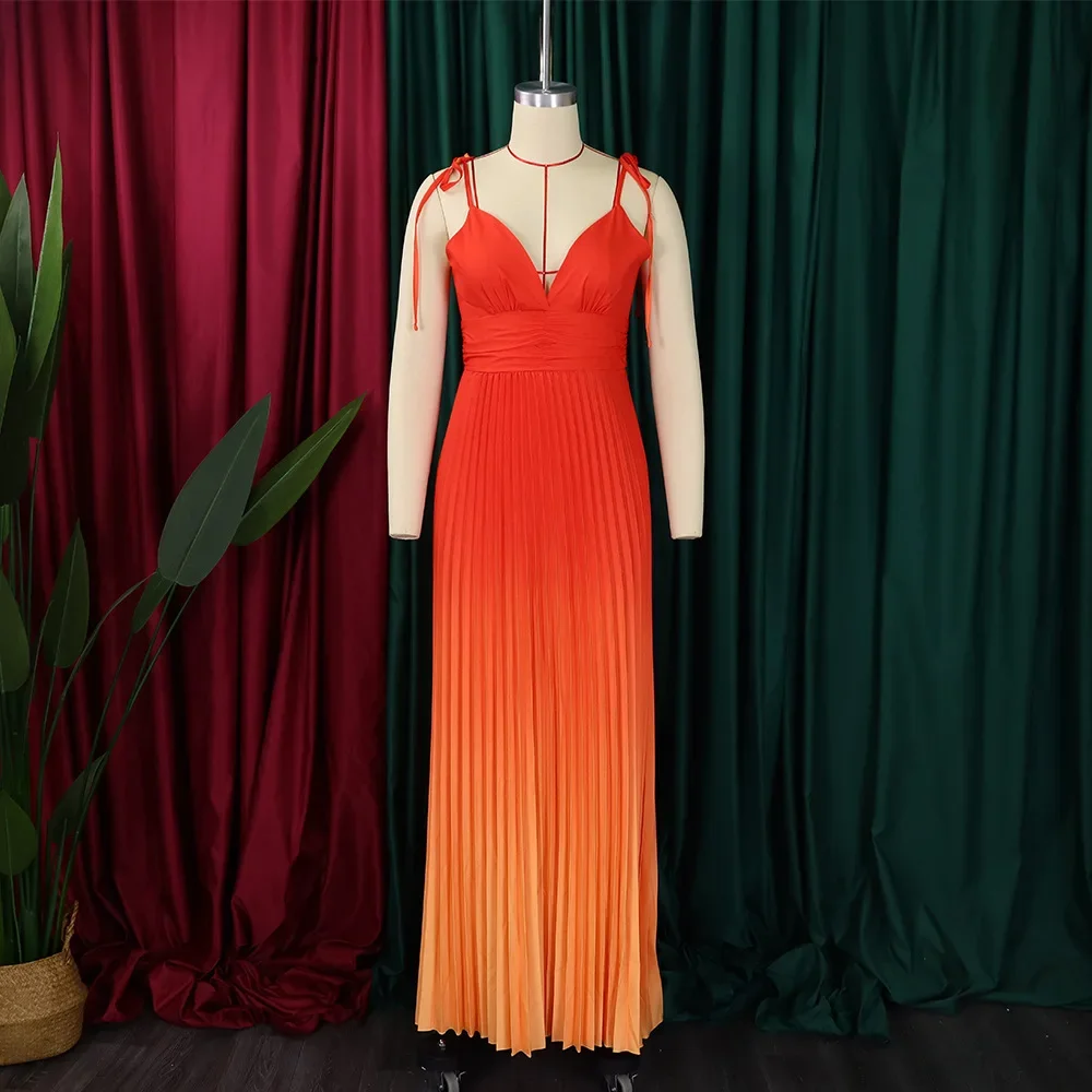 Belle Sunset Gradient Pleated Maxi Dress Women Dress Sexy Long