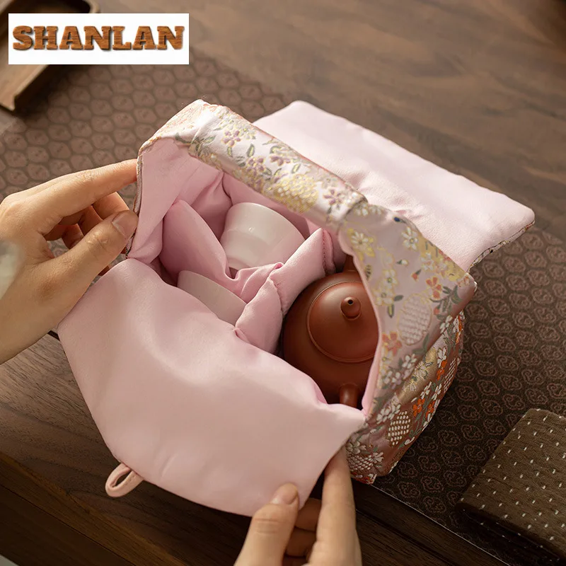 Pomegranate Flower Persimmon Bag Cotton And Linen Tea Storage Bag Luxury Tea Cozy For Teapot Hand Teaware Ceremony Crafts