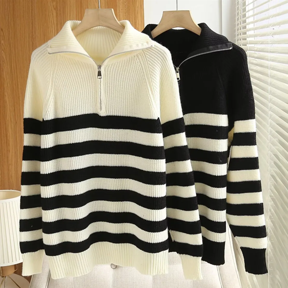 

Maxdutti Winter Fashion Zipper Turtleneck Striped Sweaters Women Casual Knitwear Sweaters