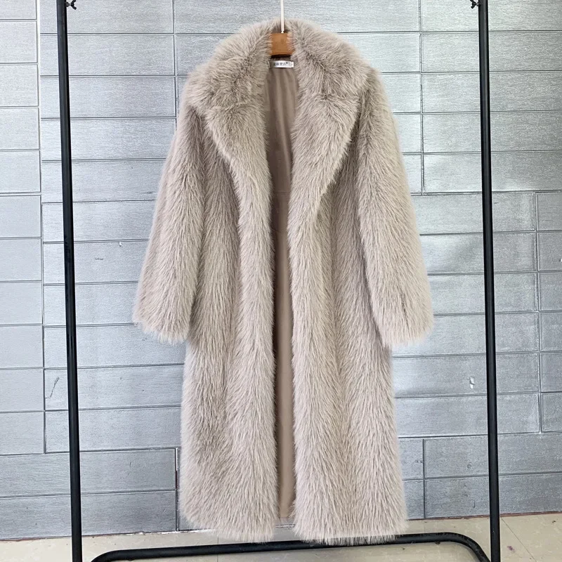 White Long Faux Fur Coat Women Autumn Winter Large Jacket Overcoat Turn Down Collar Pockets Thick Coat Warm Jackets Maxi Coats 3