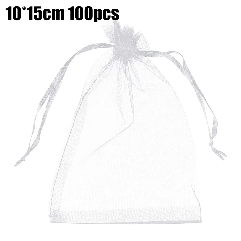 Bolsas de regalo de Organza para joyería, embalaje de joyería con cordón blanco para boda, Navidad, dulces, 100 unidades por lote - Imagen 4