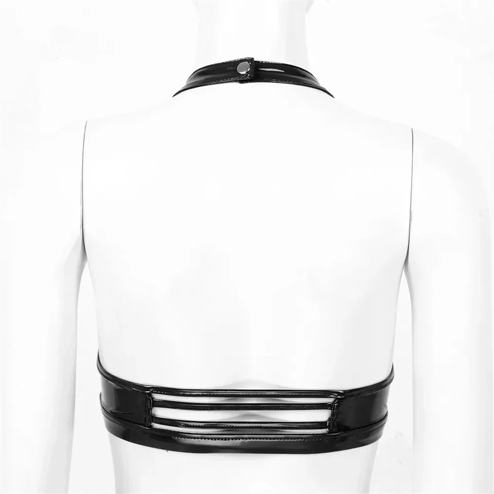 Women Wet Look Patent Leather Bras Sexy Wire-Free No Pad Bra Tops Erotic Halter Backless Bralette Cutout Bustier Corset Clubwear