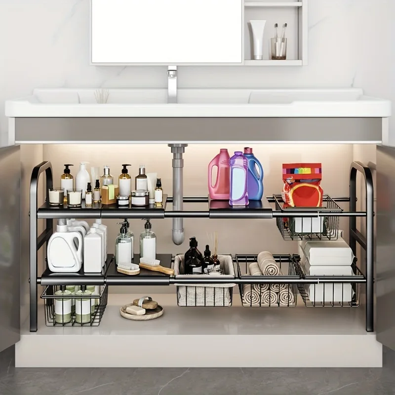 1 Set Multi-Use Kitchen Under Bathroom Sink Organizers - Expandable Cabinet Shelf Organizer Storage Rack 2