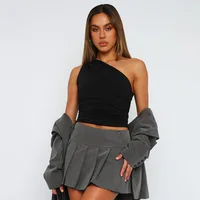 Solid Color One Shoulder Backless Shrink Tank Top T-Shirt Candy Color Tight Sexy Sleeveless Neckless Slim Casaul Top - Image 2