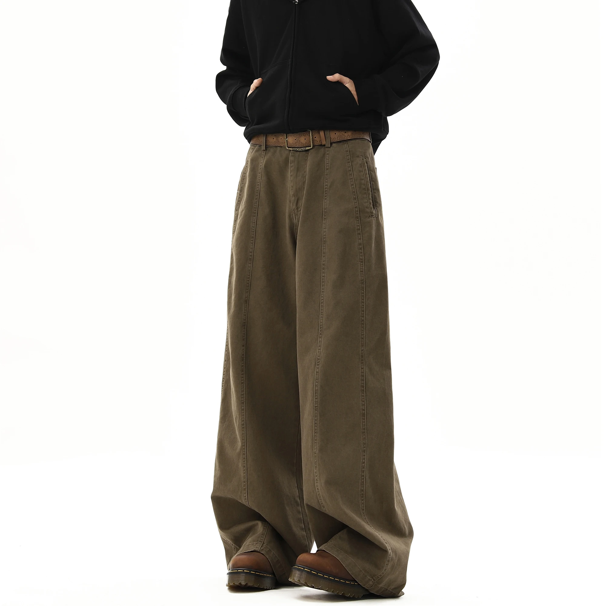 American Style Vintage Wide Leg Cargo Pants Men's Baggy Fashion High Street Overalls Coffee Streetwear Male Mopping Trousers casual pants