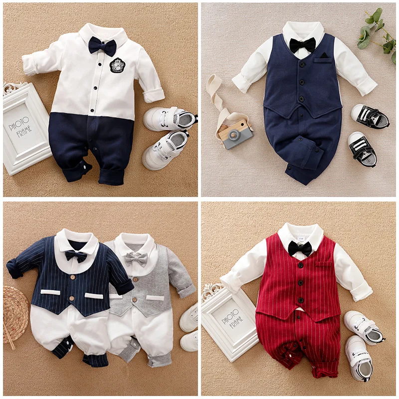 Male Baby Newborn Gentleman Style Crawling Clothes Comfortable Cotton Clothes Spring And Autumn Long Sleeved Baby Bodysuit