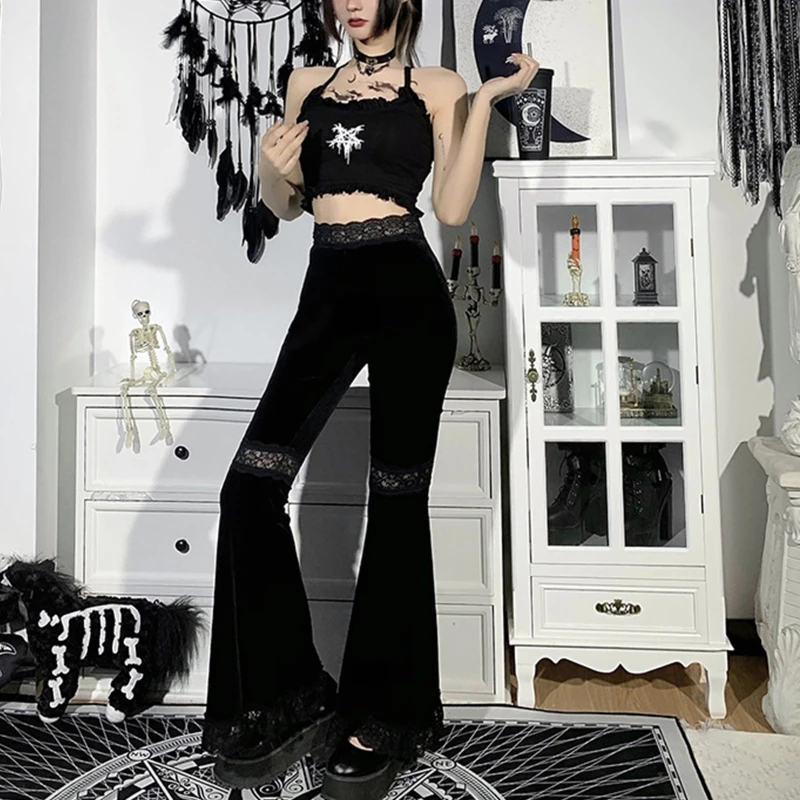 Women Gothic Punk Black Velvet Flare Pants Harajuku Sexy Hollow