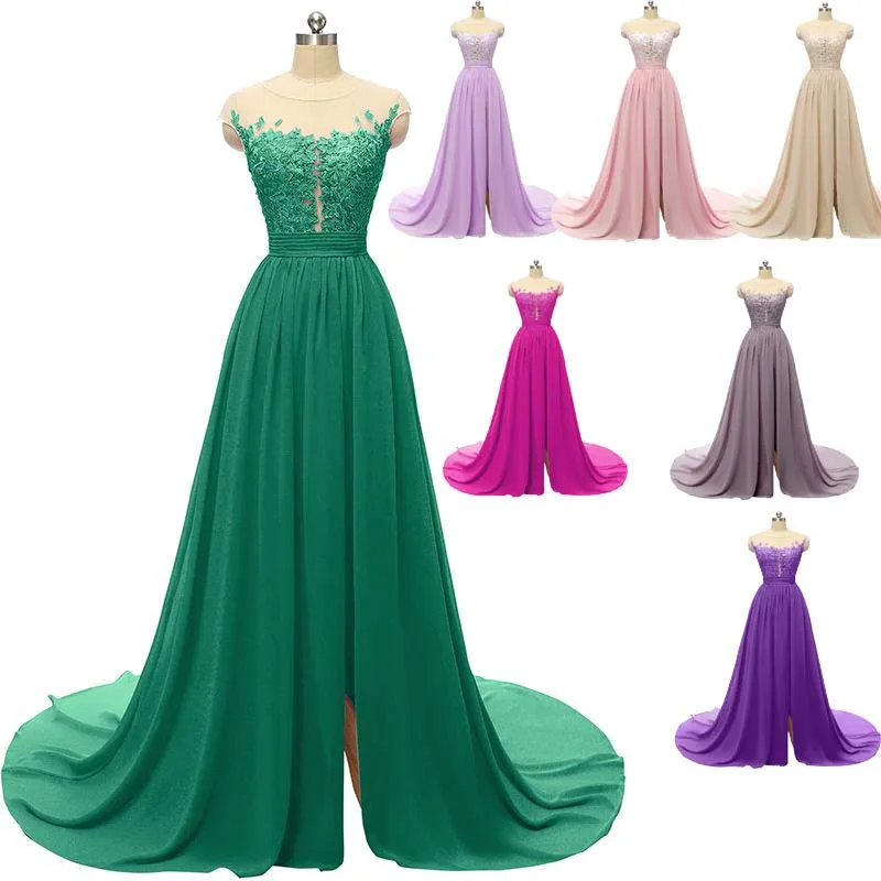 

Sheer Round Neck Dark Green Chiffon Prom Dresses Long A Line Party Gowns Lace Appliques Robe De Soiree