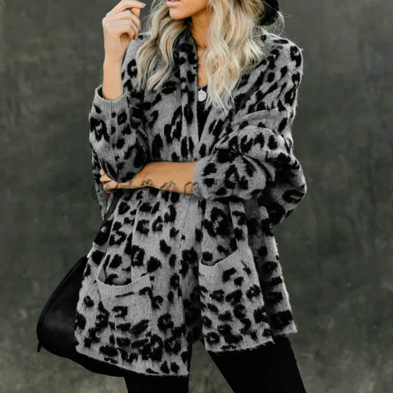 

Casual Loose Pocket Long Sleeve Sweater Jacket Cardigan 2023 Fashion New Autumn and Winter Leopard Print Knitted Women Cardigan