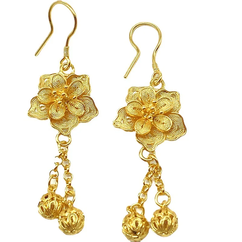 Chinese Style Handmade Filigree Flowers 999 Silver Gilding Tassel Earrings for Women Antique Hanfu Wedding Bride Jewelry Gift
