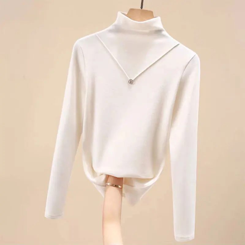 

Autumn Winter Fleece Half High Collar Warm Long Sleeve T-shirt Three-dimensional Decoration Solid Color All-match Casual Tops