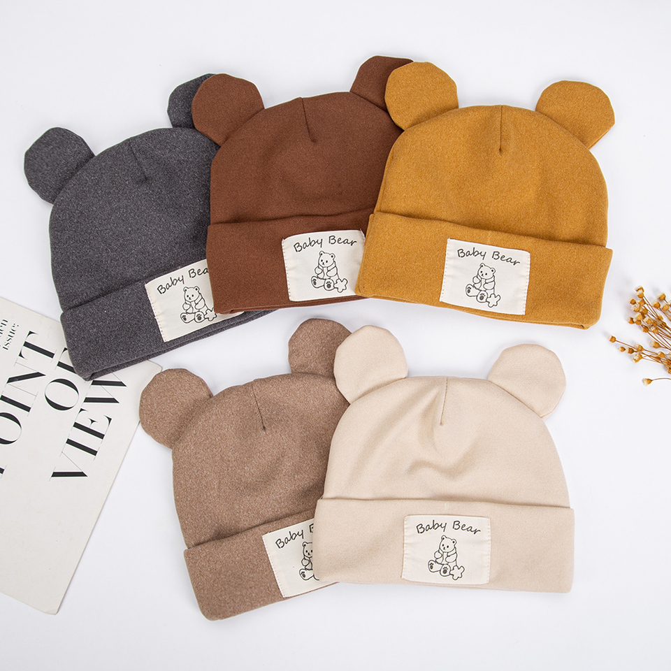 Cute Bear Ear Baby Turban Hats for Newboorn Boys Girls Faux Cashmere Label Caps Beanies Autumn Winter Infant Bonnets