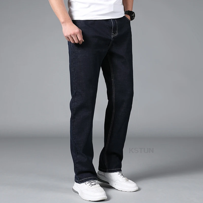 KSTUN Extended Length Jeans Men Dark Blue Extra Length Trousers Mens Clothing Straight Cut Business Casual Tall Man 190cm~200 cm 3