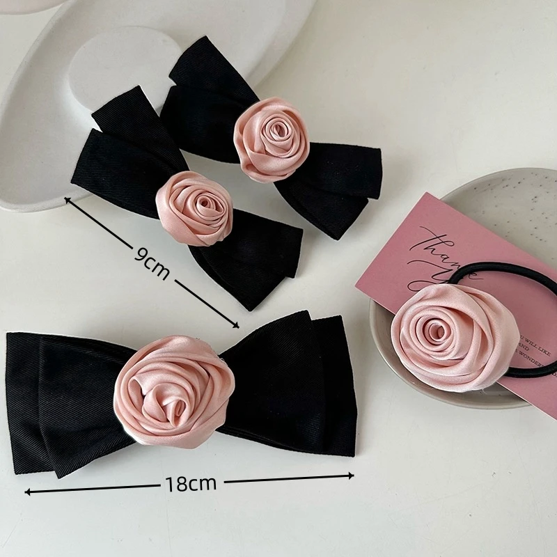 Pink Flower Bow Tie Barrettes Girlish Style Rose Hair Band