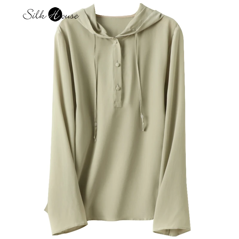 

2022 Spring and Summer New Silk Sweater Women's Long Sleeve Solid Color Loose Leisure Thin Mulberry Silk Hooded T-Shirt Top