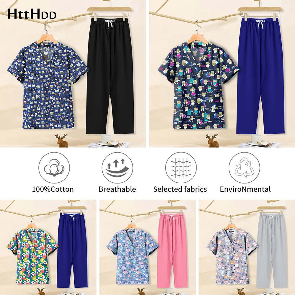 

Костюм Медсестры женский с принтом, топ с коротким рукавом и V-образным вырезом, модная одежда для медсестры, хлопковая рабочая одежда с нагрудным карманом