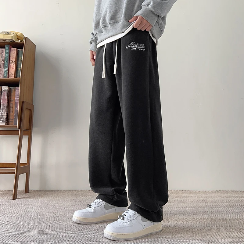 Men Winter Outdoor Velvet Lining Trousers Sweatpants Solid Color Baggy Thickened Fleece Loose Sports Warm Pants