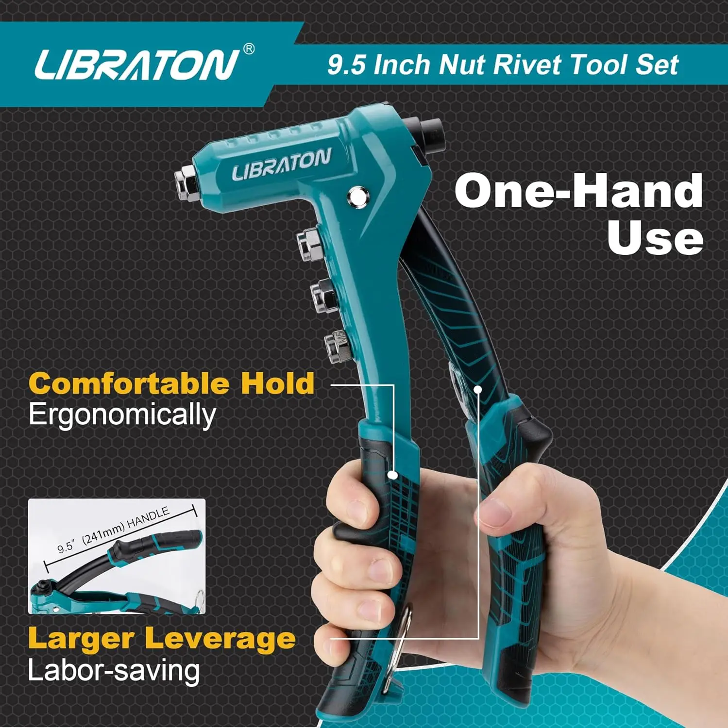 LIBRATON Rivet Nut Gun Kit, 9.5 Inch One-Handed Nut Rivet Gun with 80PCS Threaded Nuts Metric M3-M6 & SAE 6-32" to 1/4-20"
