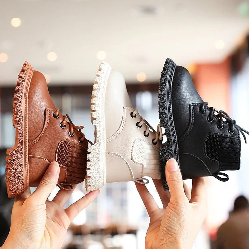 Children Sports Shoes Children Fashion Casual Shoes Autumn Lace Up Boots Girls Boys Leather Soft Antislip Boots Solid Color Breathable Shoe 21-30