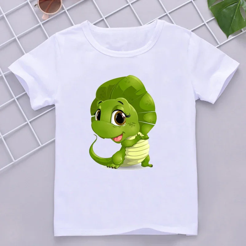

Детская футболка, летняя футболка с изображением симпатичного детского динозавра, с коротким рукавом, белая футболка, Топы, детская одежда с маленьким динозавром