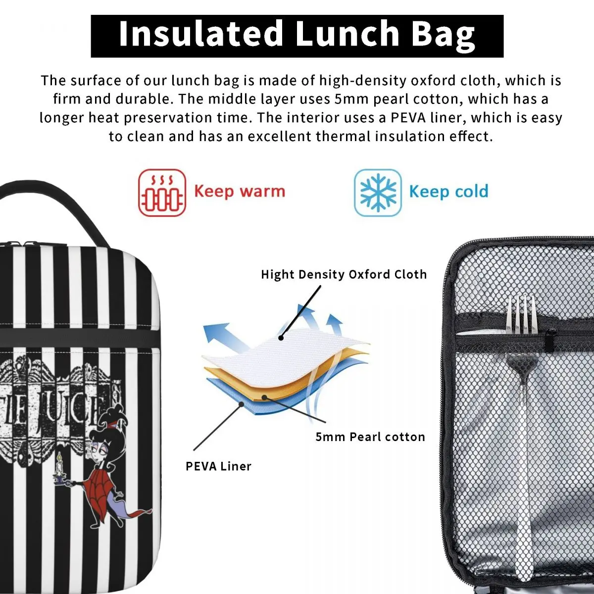 Movie Beetlejuice And Lydia Insulated Lunch Bag for Outdoor Picnic Cartoon Tim Burton Horror Film Thermal Cooler Lunch Box Kids