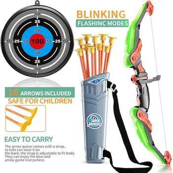 TEMI Kids Bow And Arrow Set LED Light Up. 10 Suction Cup Arrows, Target & Quiver. Lndoor And Outdoor Toys For Boys And Girls 4