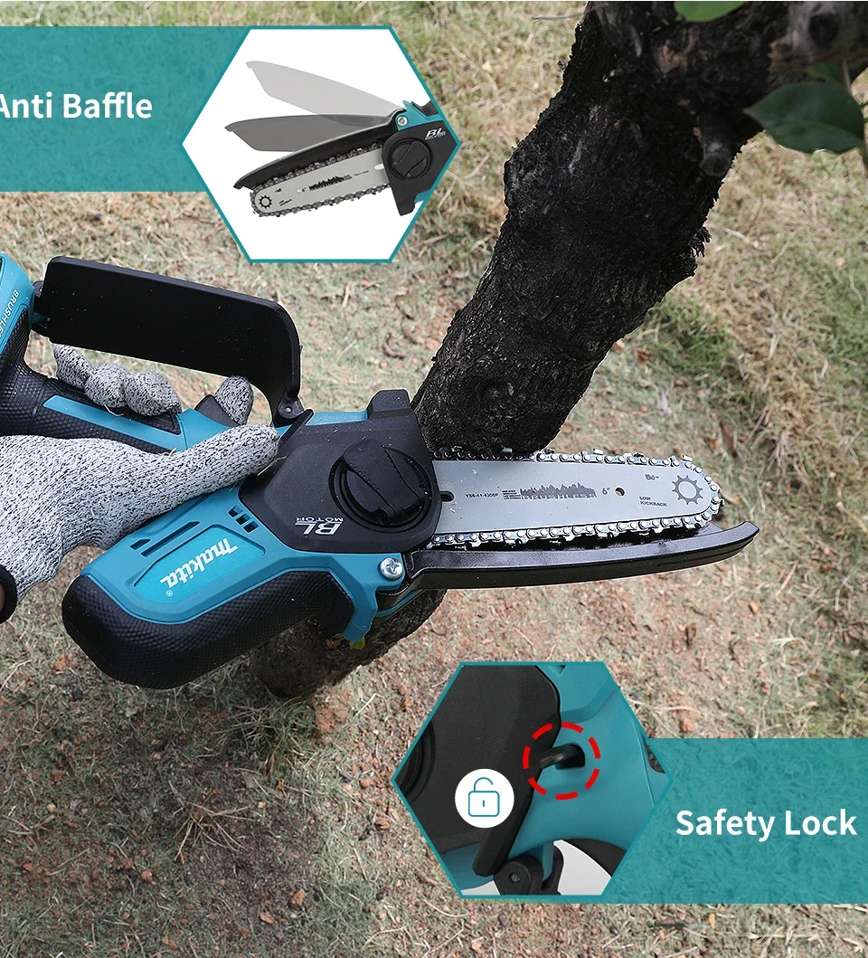 Makita chainsaw resting on a wood log during outdoor use