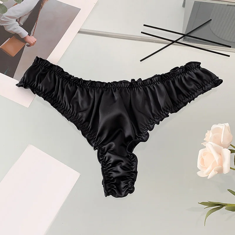 

New Women Sexy Lace T-line Panties Underwear Smooth Satin Pleated Bubble Soft Light Thong Briefs Comfortable Underpants Lingerie