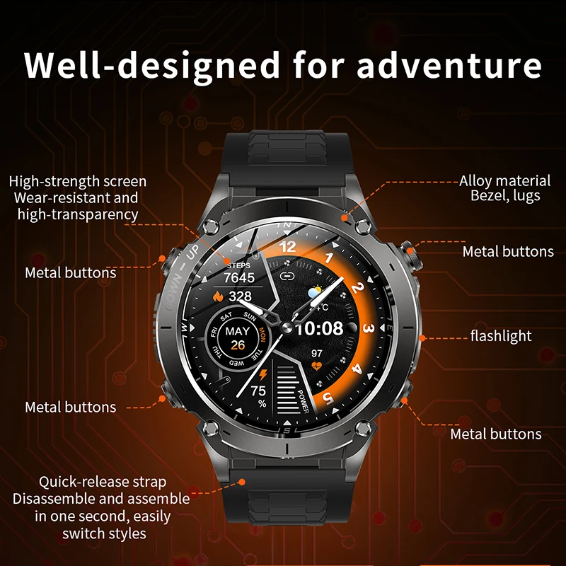 2026 Men gift GPS Track Smart Watch Flashlight 730mAh Large Battery Bluetooth Call 3ATM Waterproof Military AMOLED HD Smartwatch 4
