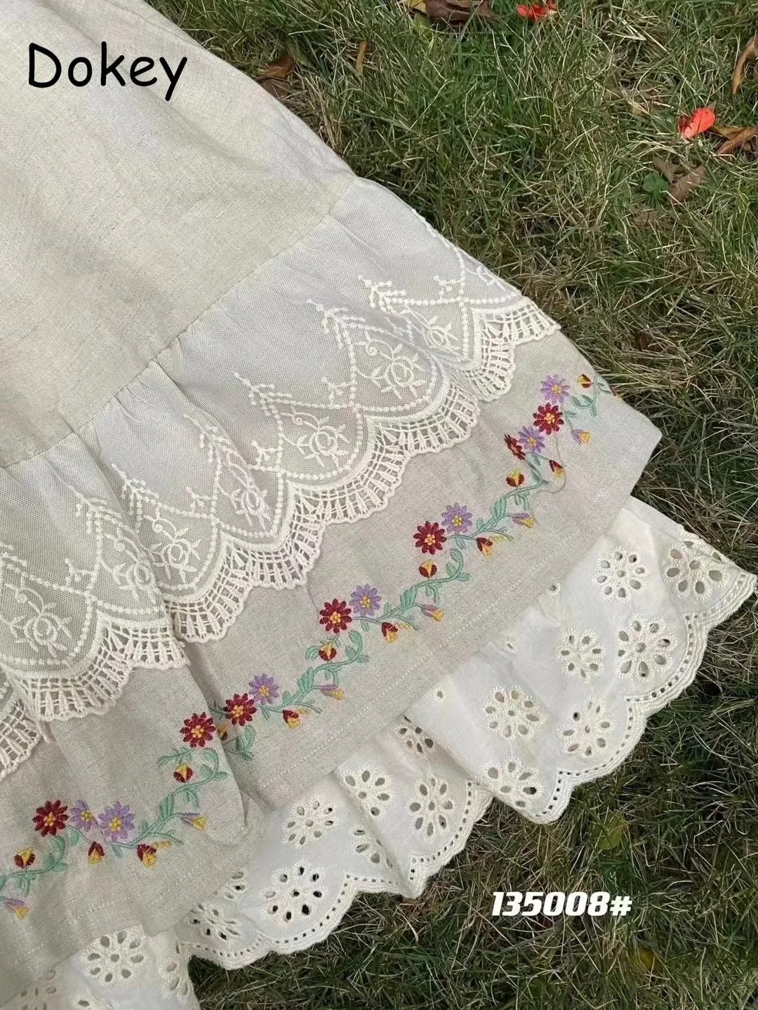 Japanese Lolita Style Cotton Linen Skirt Women Vintage Embroidery Lace Ruffled Kawaii Midi Pleated Skirt New Casual A-line Skirt