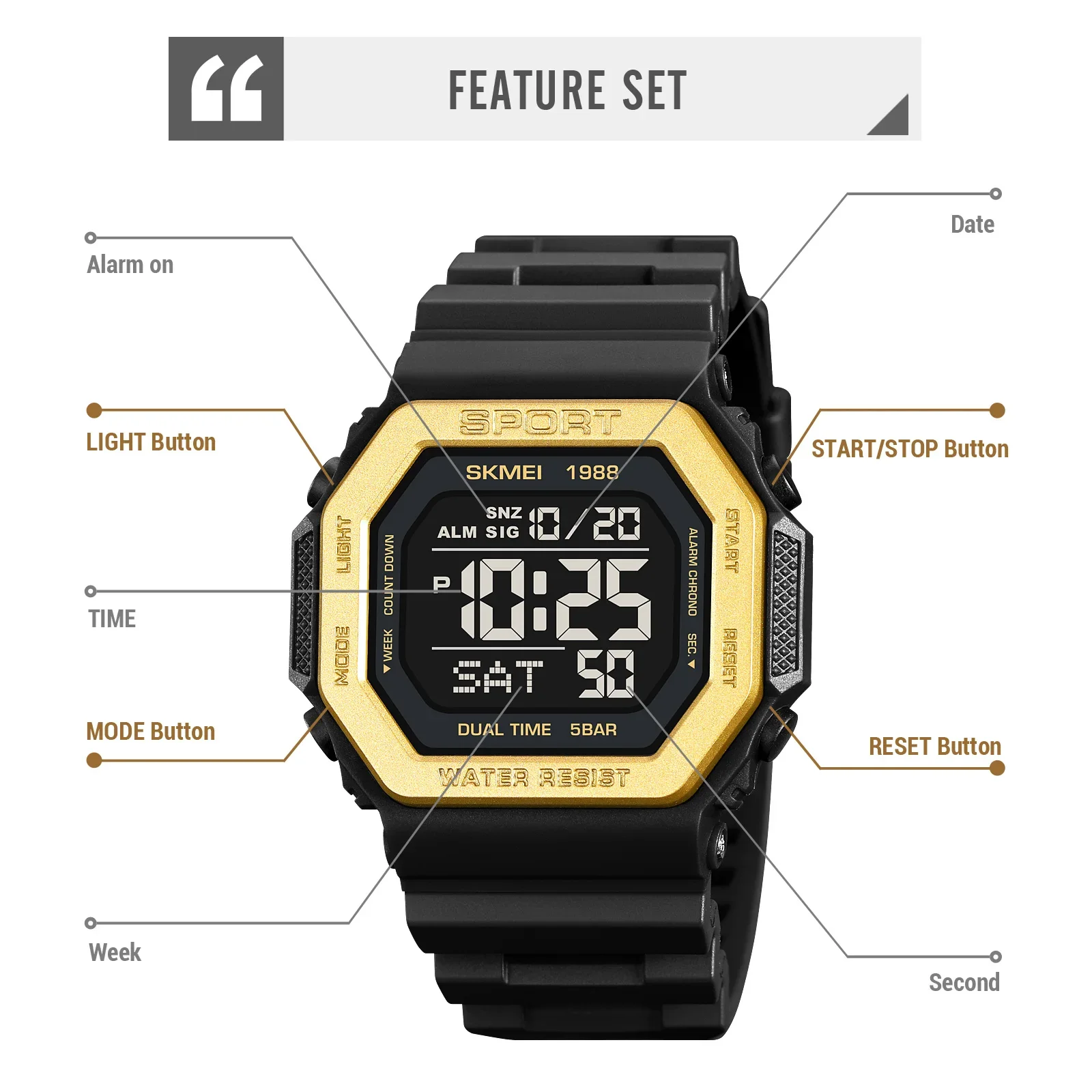 Skmei Mens Military Countdown Chrono Wristwatch 5Bar Waterproof Alarm Clock Reloj Hombre Back Light Digital Sport Watches 1988 5