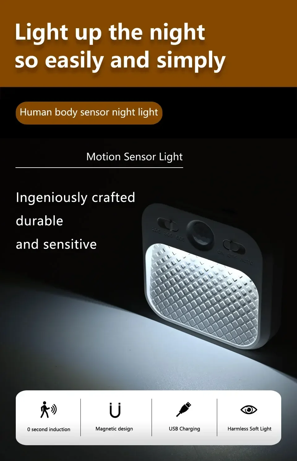 Description Picture 2 of itemMotion Sensor LED Night Light USB Rechargeable Cabinet Lamp 3 Colors Dimmable Night Light for Bedroom Hallway Cupboard Stair
