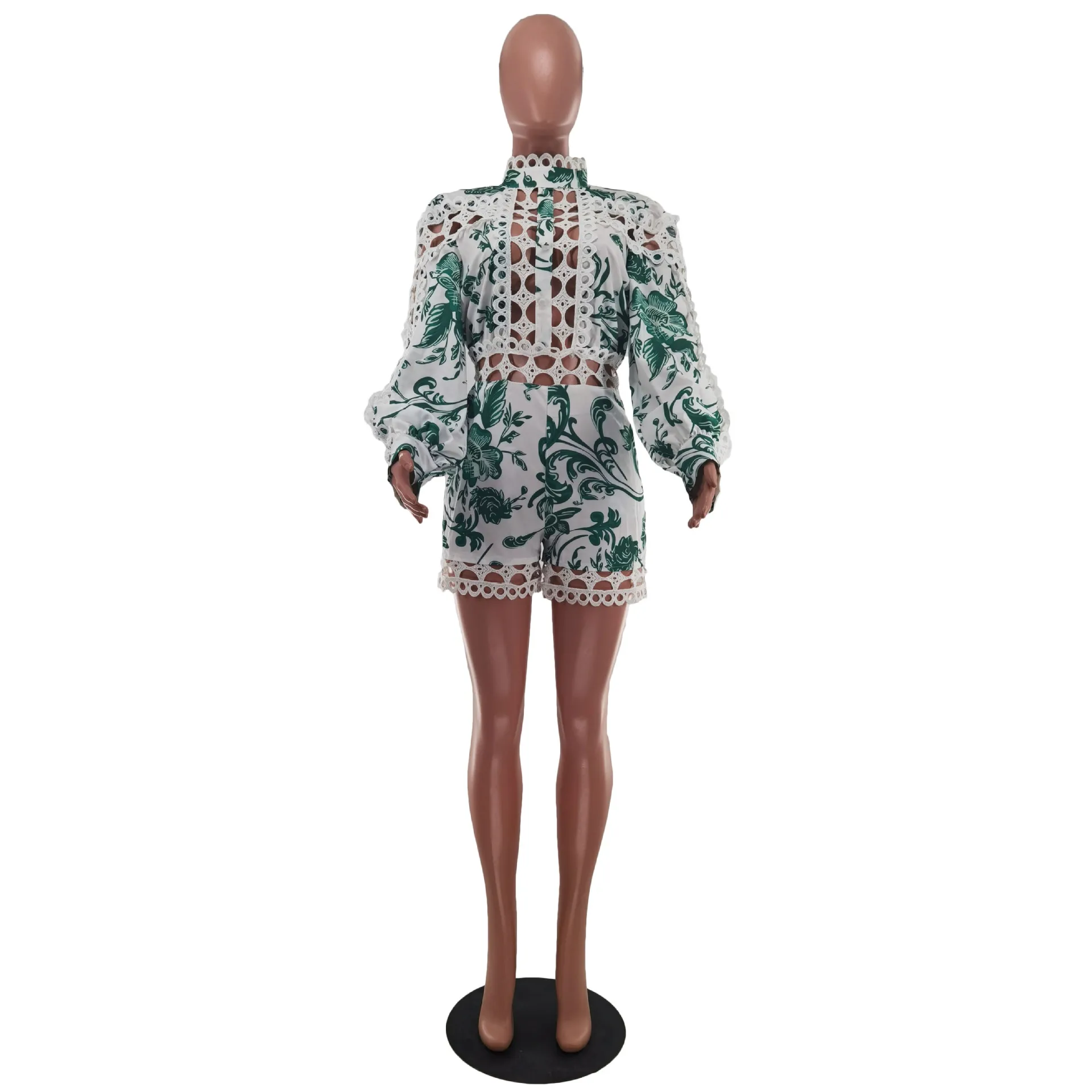 Women's 2022 New Print Sexy Lace Stitching Stitching Empty One-piece Shorts Summer Fashion Casual High Street Jumpsuits & Romper