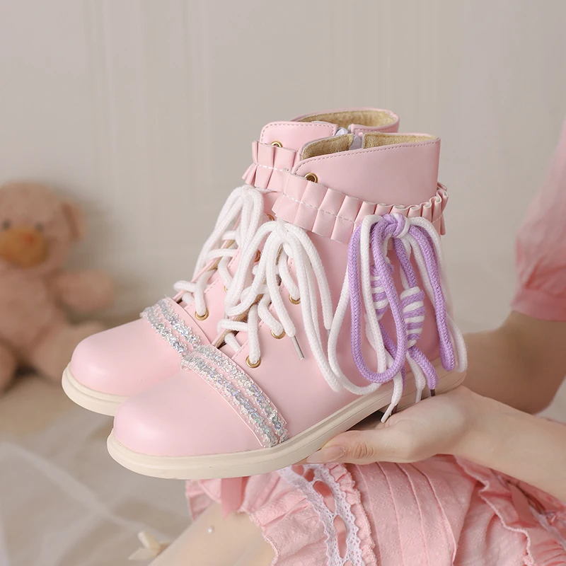 

2023 new autumn winter Women ankle boots 22-26.5CM Microfiber modern boots Sequin lacing sweet Lolita side zip Short Boots