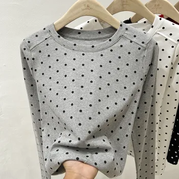 2025 أوائل الخريف جديد سليم صالح مثير القمم الكورية نمط الحلو البولكا نقطة تي شيرت المرأة عادية كم طويل س الرقبة تيز 3