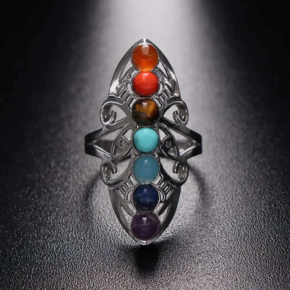 7 Chakra Stone Bead Finger Rings Silver Plated Hollow Flower Adjustable Ring Reiki Balance Meditation Healing Gem Ring Jewelry womens ring