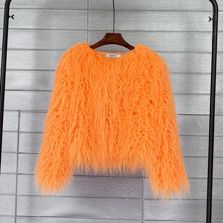 2023 Autumn Winter New Women Faux Fur Coat Korean Style Solid Color Round Neck Short Outwear Fashion Casual Large Size Jacket