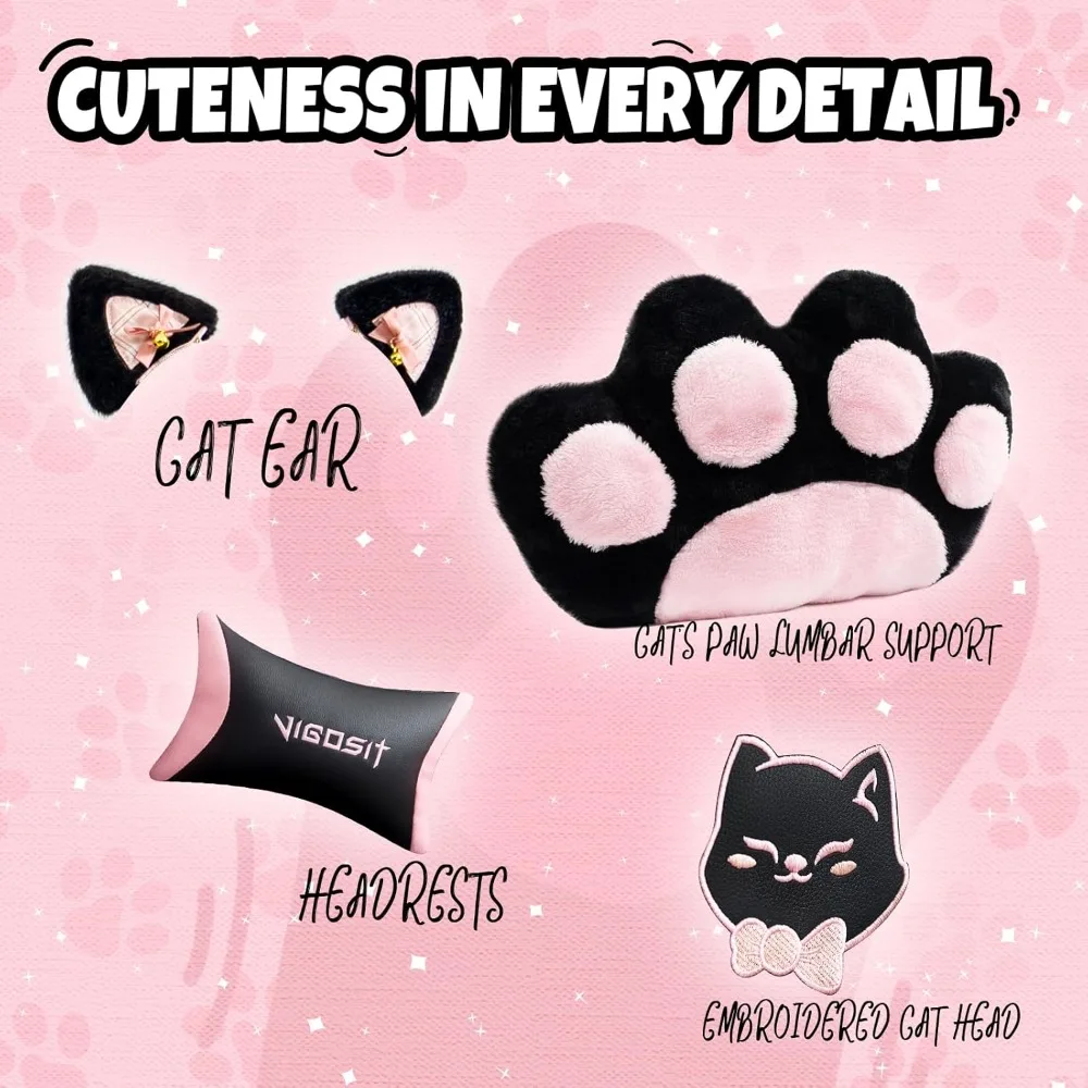 Cute Gaming Chair with Cat Paw Lumbar Cushion and Cat Ears, Ergonomic Computer Chair with Footrest, Reclining PC Game Chair for 3