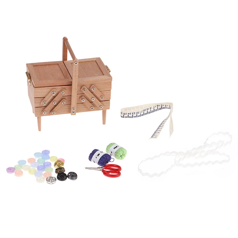 1set 1:12 Dollhouse Miniature Sewing Box with Needle Scissors Knitting Tool Tailor Set Living Scene Decor Play House Toy