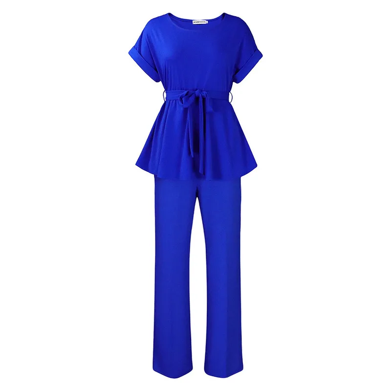 Summer and Autumn Leisure New Solid Color Lace-up Waist Long Sleeve Top High Waist Wide Leg Pants Fashion Commuter Ladies Suit