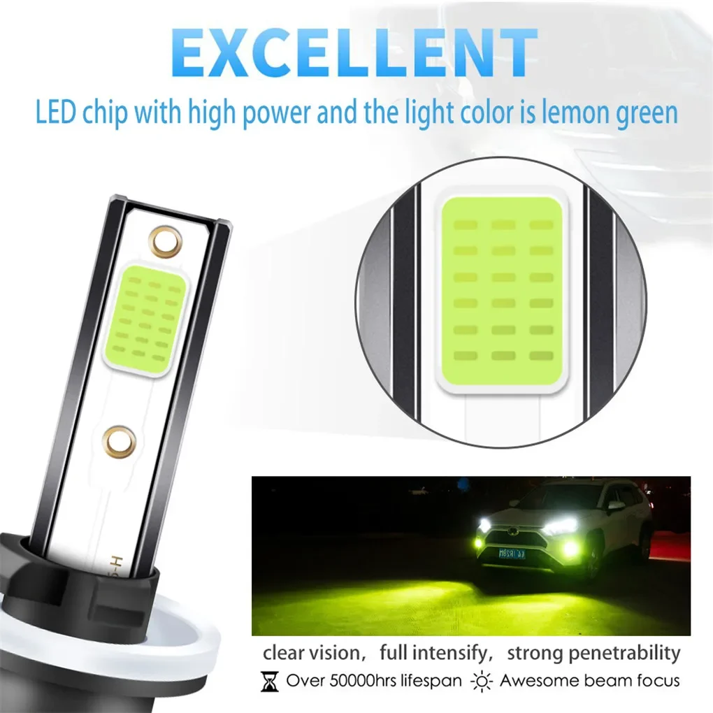 60W/Pair 6000LM EV LED Headlight Bulbs Lemon Green Fog Lamp Beam Lights For Car SUV Truck Motorcycle 880/881/H27 Universal Bulb