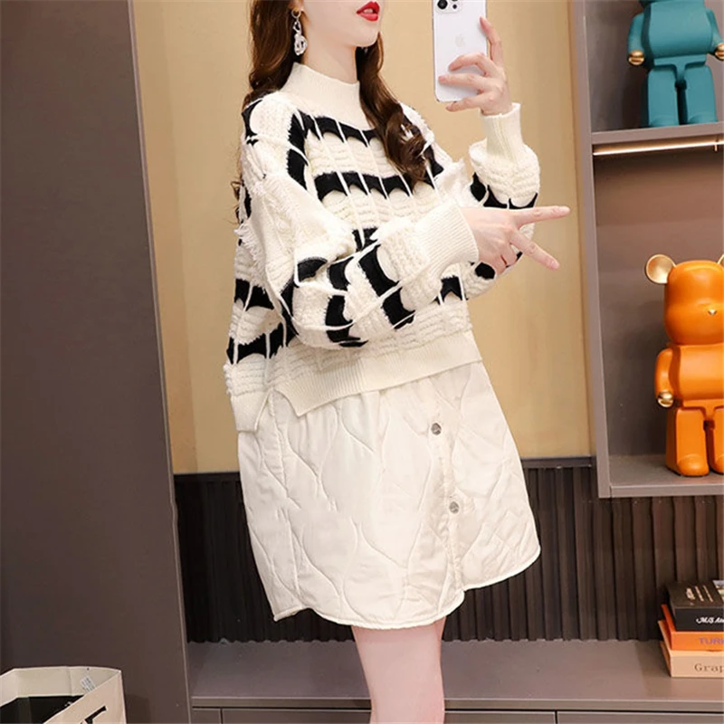 

Autumn and Winter Fashion New Mid Length Thickened Loose Half High Neck Long Sleeve Spliced Sweater Women's Trend