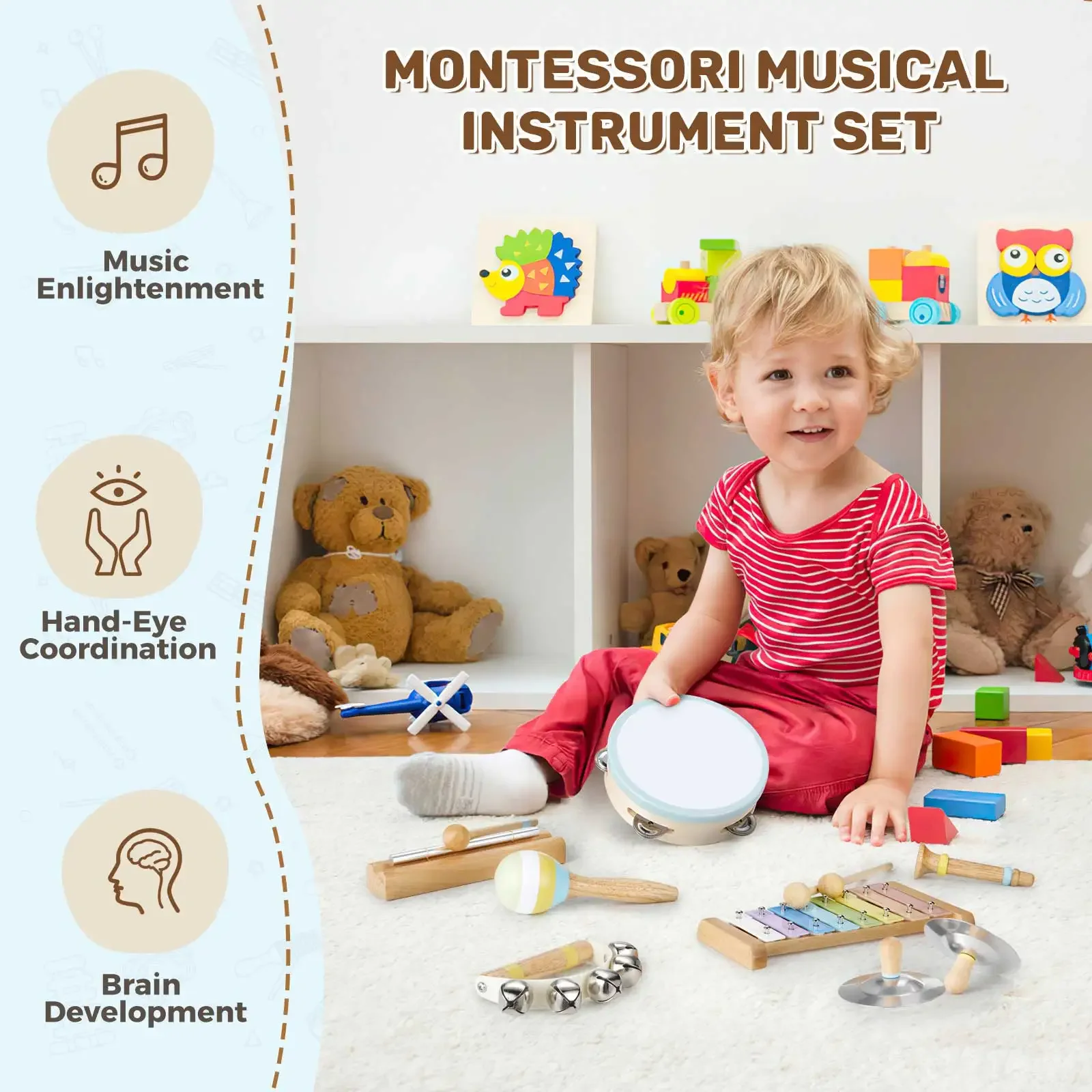 Pogolab Wooden Xylophone Drum Set Tambourine Maraca Xylophone Cymbal Hand Bells Chime Bar Percussion Instruments Set for Kids