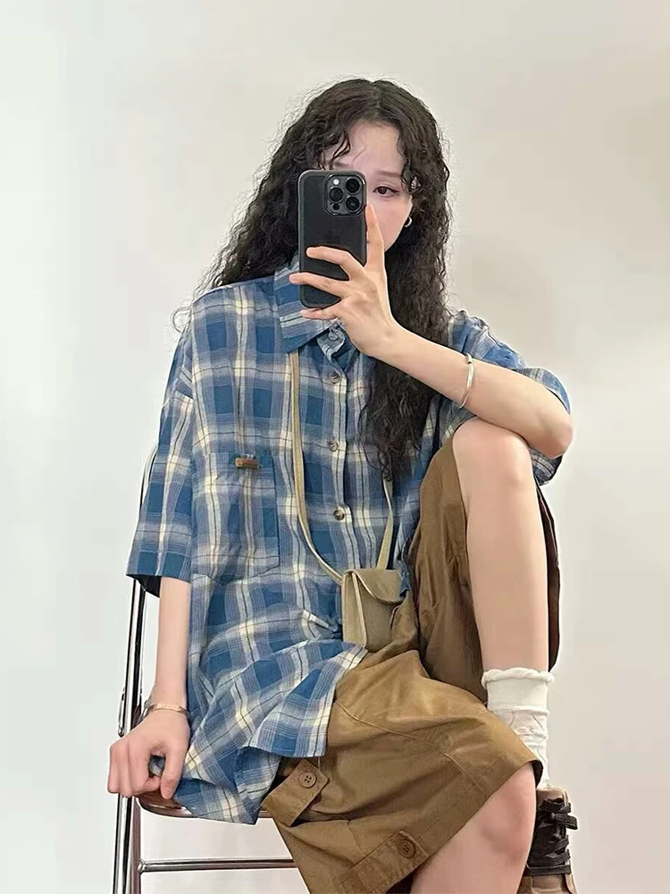 HOUZHOU 하라주쿠 체크 무늬 셔츠 코트, 오버사이즈 반팔, 체크 무늬 가디건 블라우스, 일본 스트리트웨어, 힙합