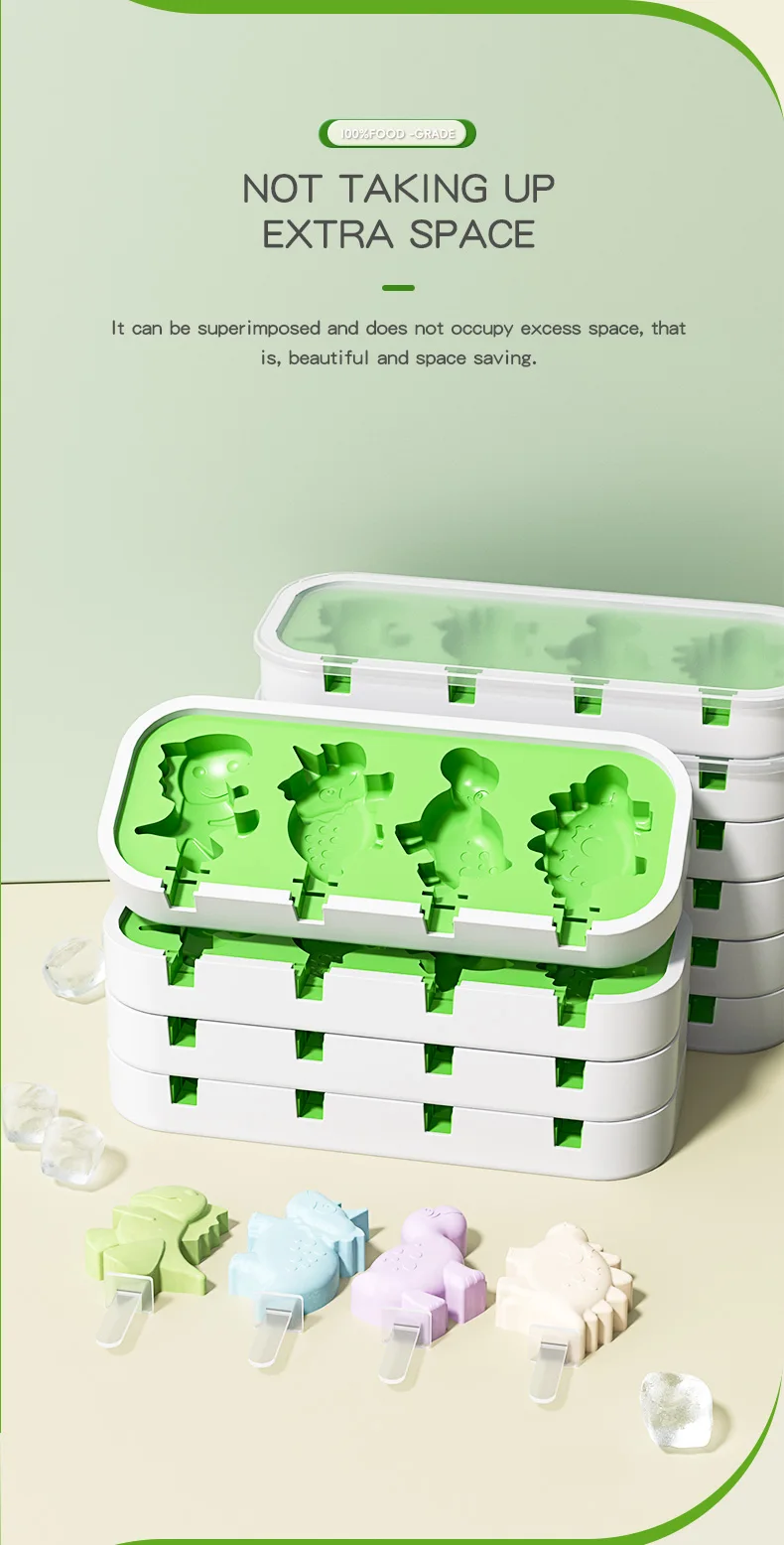 Silicone Ice Cream Mold with Lid and Sticks Dinosaur Shape