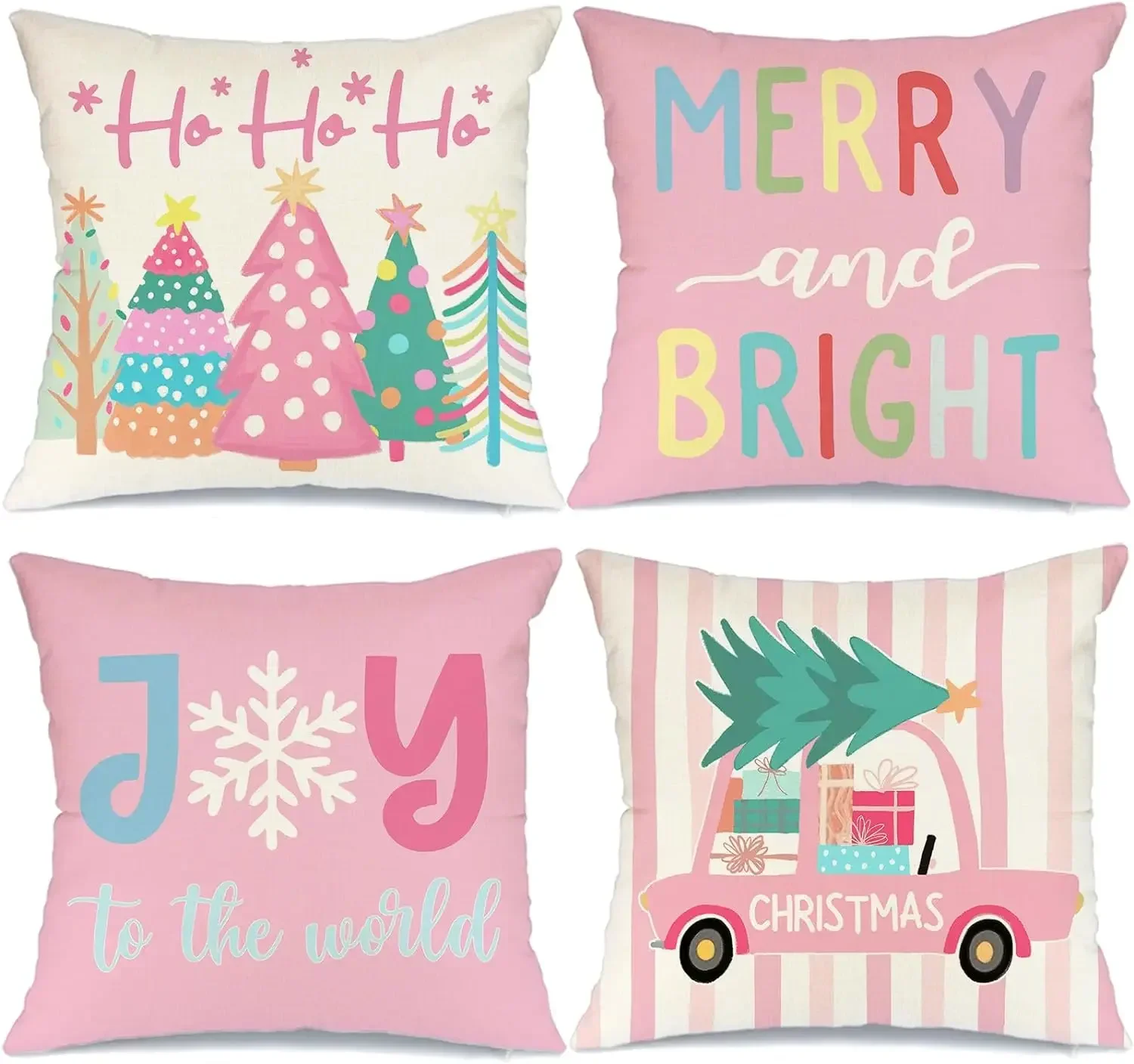 Pink Christmas Throw Pillow Covers 18x18 Inch Set of 4 Striped Truck Xmas Trees Farmhouse Holiday Cushion Cases for Home Decor