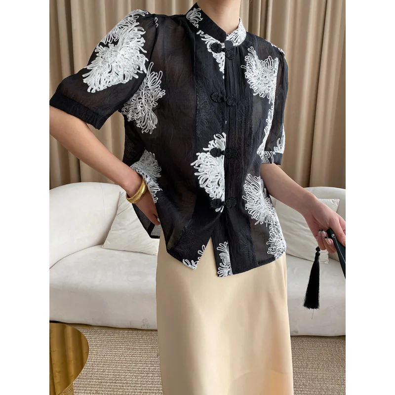 Women Chinese Style Shirts Retro Flower Three-dimensional Embroidery Summer Short Sleeves Tops Buckle Straight Black Blousers