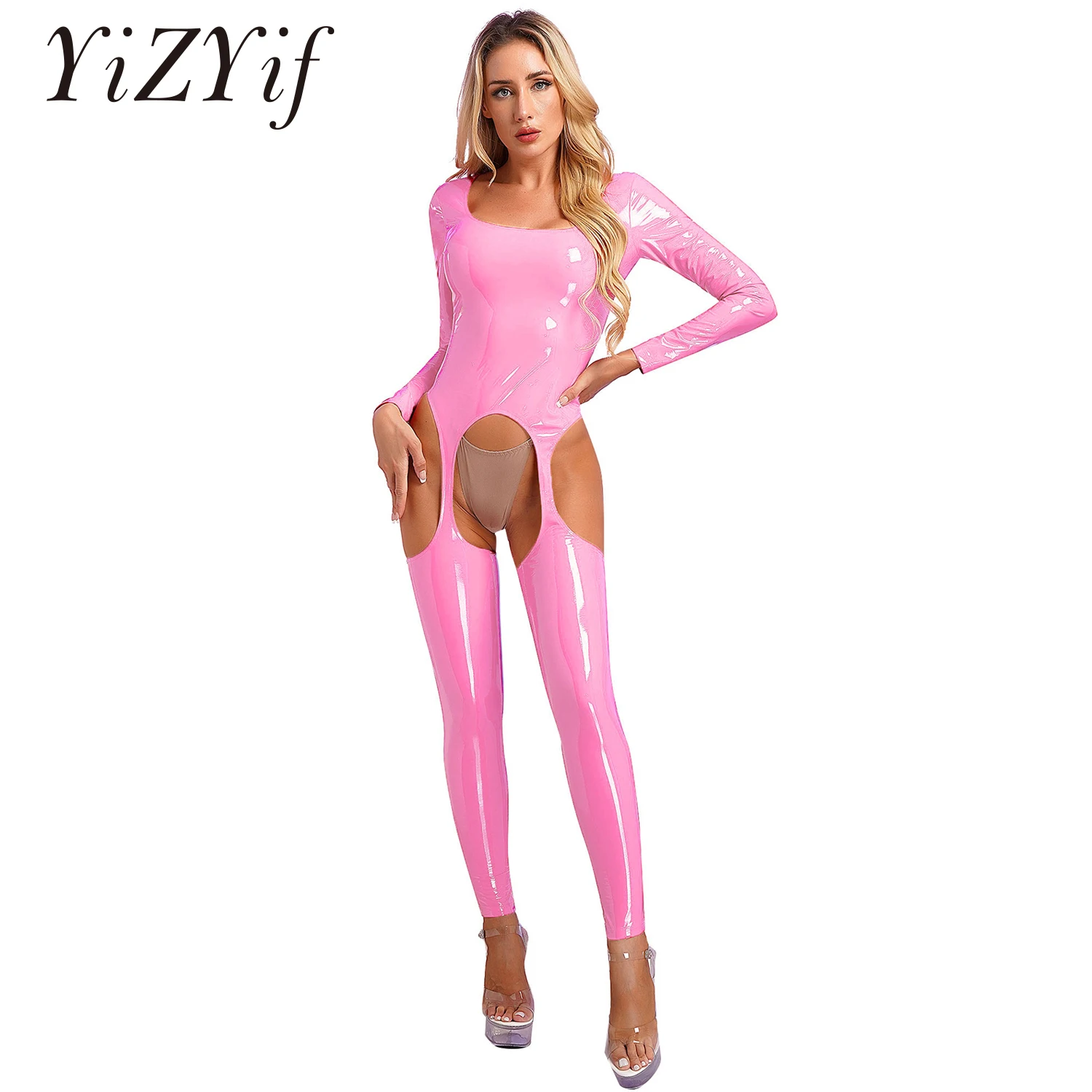 

Womens Glossy Patent Leather Lingerie Full Bodysuit Long Sleeve/Sleeveless Open Crotch Skinny Jumpsuit Leotard Overalls Clubwear