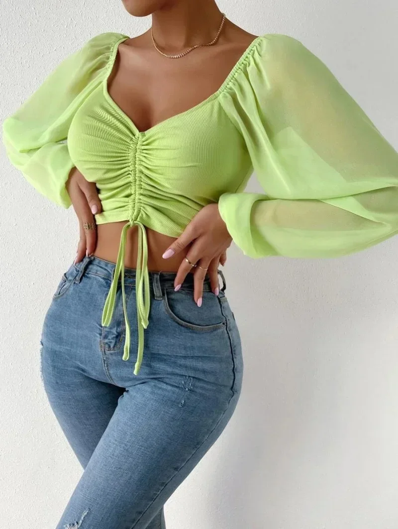 섹시한 v 넥 여성 블라우스 Drawstring 긴 소매 자르기 탑 숙녀 패션 여름 짧은 셔츠 여성 의류 Blusas Camisas Mujer